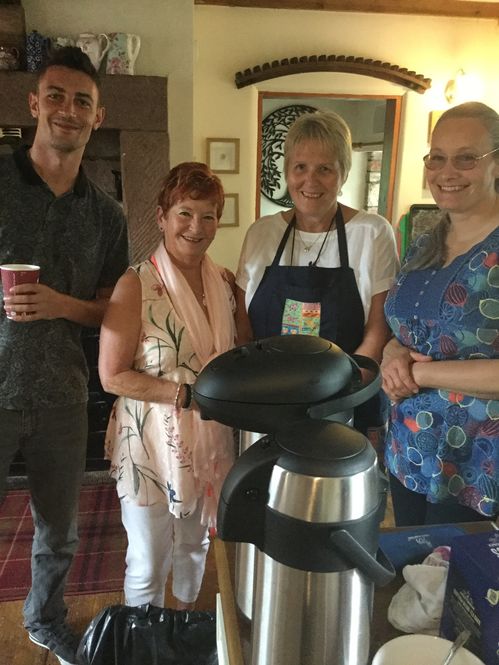 Volunteers preparing a meal together. Sent by Pamela Crosbie, Garden Opener at Dalswinton Mill